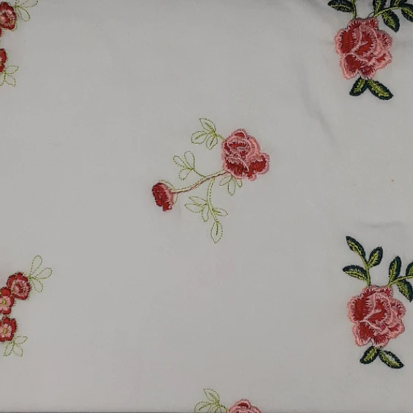 Embroidered Floral White/Pink Rayon Challis