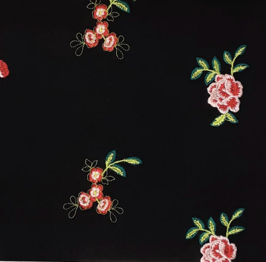 Embroidered Floral Black/Pink Rayon Challis