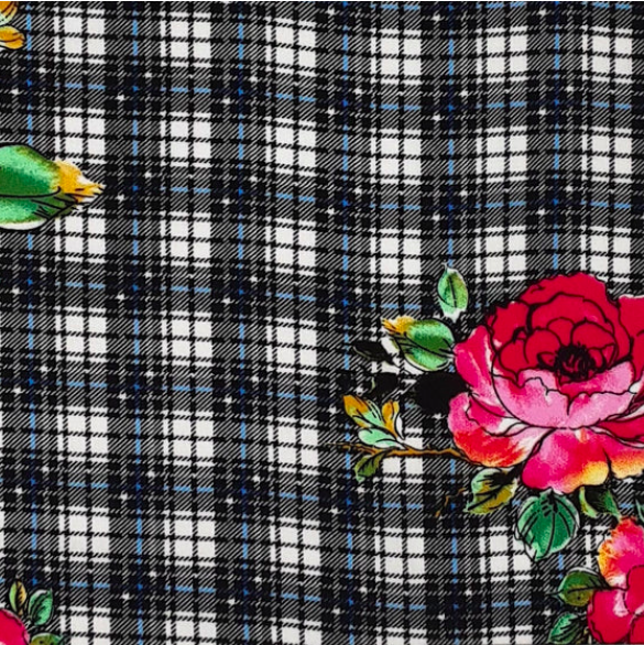 Big Plaid Floral Black/Red/Blue Rayon Challis