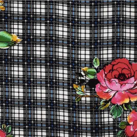 Big Plaid Floral Black/Red/Blue Rayon Challis