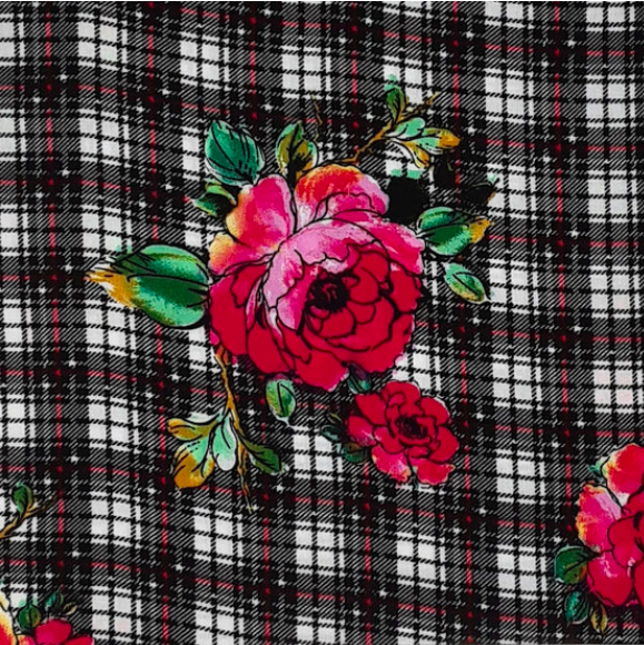 Big Plaid Floral Black/Red/Green Rayon Challis