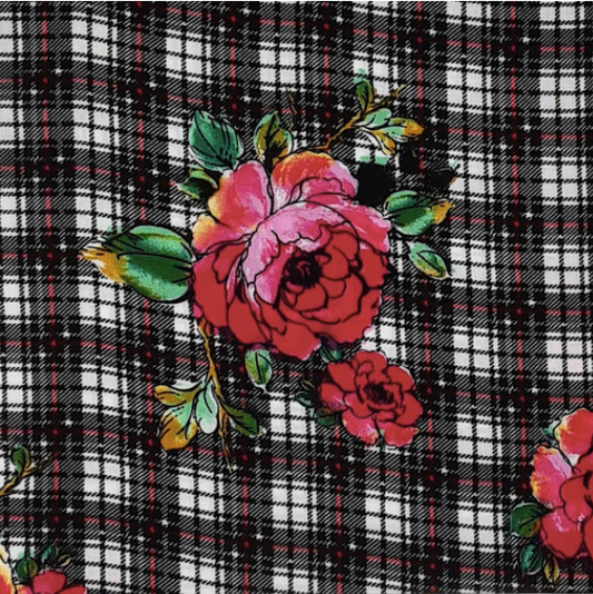 Big Plaid Floral Black/Red/Green Rayon Challis