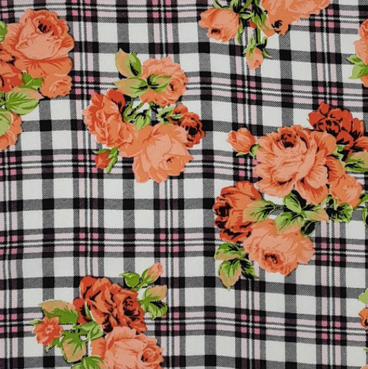 Plaid Floral Black/White/Orange Rayon Challis