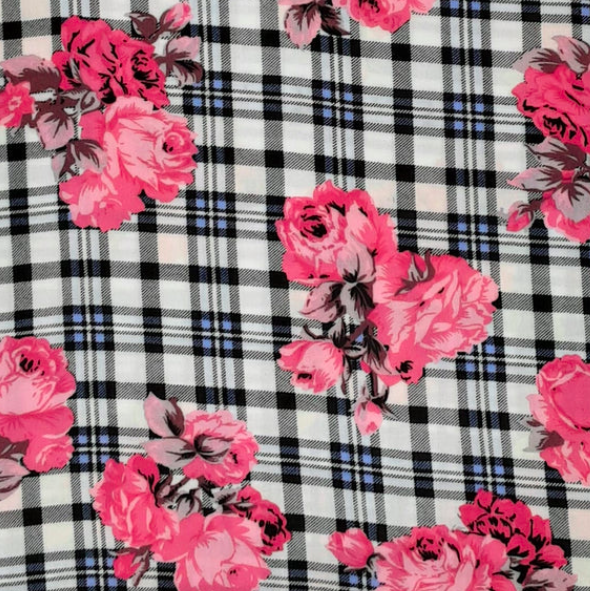 Plaid Floral Black/White/Pink Rayon Challis