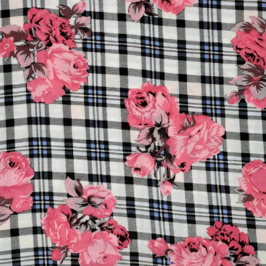 Plaid Floral Black/White/Pink Rayon Challis