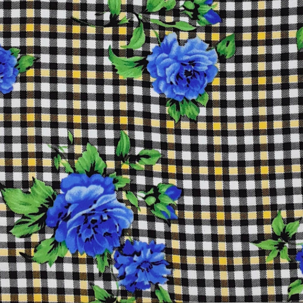 Small Plaid Floral Black/Green/Blue Rayon Challis