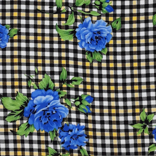 Small Plaid Floral Black/Green/Blue Rayon Challis