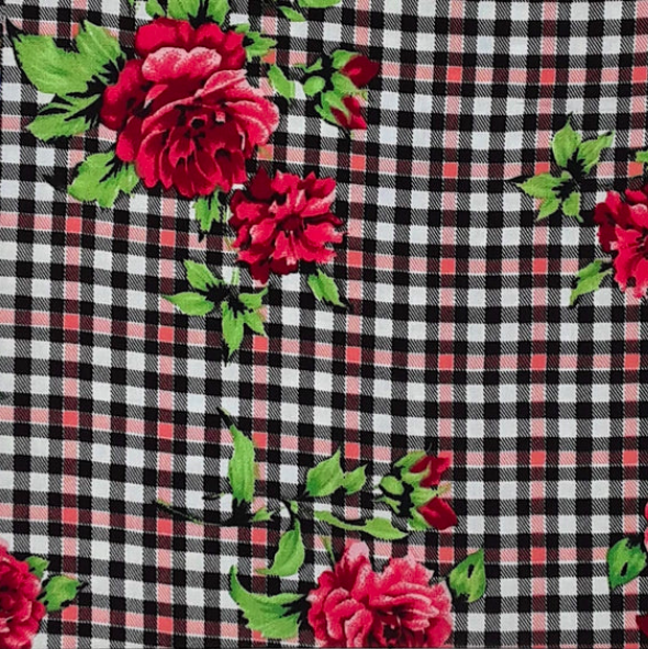 Small Plaid Floral Black/Green/Red Rayon Challis