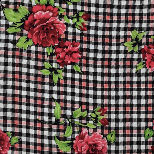 Small Plaid Floral Black/Green/Red Rayon Challis