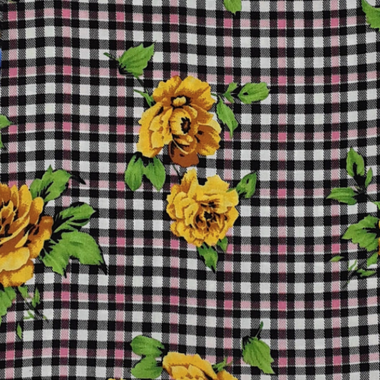 Small Plaid Floral Black/Green/Yellow Rayon Challis