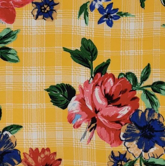 Plaid Floral Red/Blue/Yellow Rayon Challis