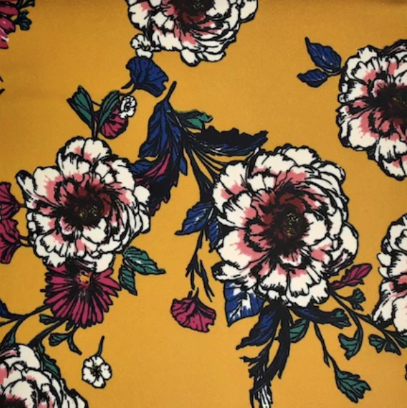 Artsy Roses Mustard/Blue/White Techno Crepe Fabric