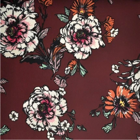 Artsy Roses Burgundy/Orange/White Techno Crepe Fabric