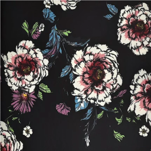 Artsy Roses Black/Rose/White Techno Crepe Fabric