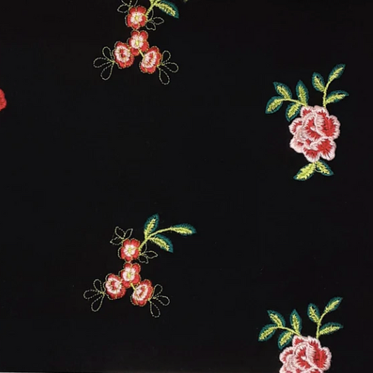 Embroidered Floral Black/Pink Rayon Challis