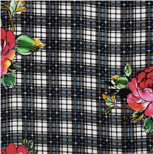 Big Plaid Floral Black/Red/Blue Rayon Challis