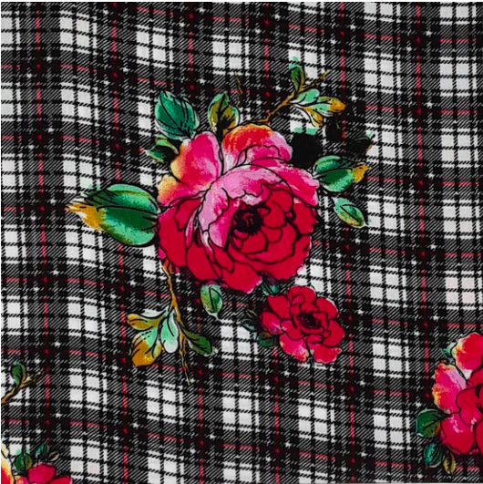 Big Plaid Floral Black/Red/Green Rayon Challis