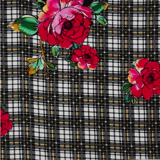 Big Plaid Floral Black/White/Red Rayon Challis