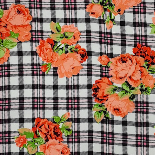 Plaid Floral Black/White/Orange Rayon Challis