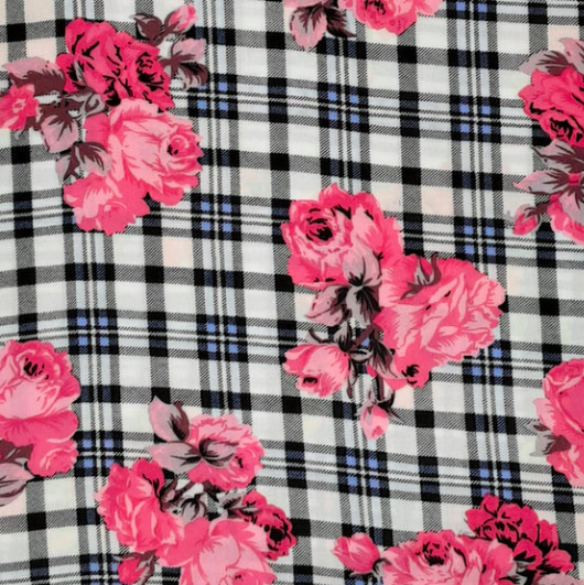 Plaid Floral Black/White/Pink Rayon Challis