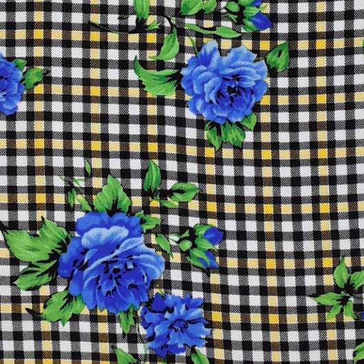 Small Plaid Floral Black/Green/Blue Rayon Challis