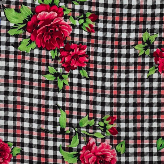 Small Plaid Floral Black/Green/Red Rayon Challis