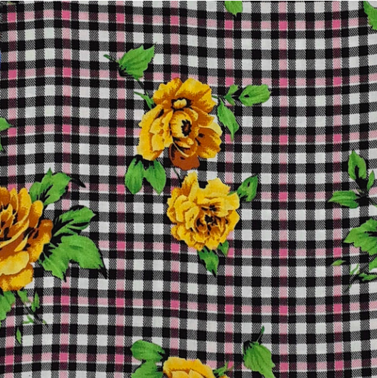 Small Plaid Floral Black/Green/Yellow Rayon Challis