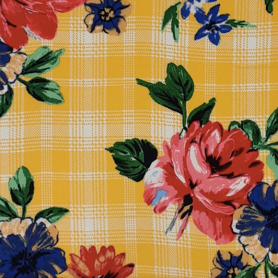 Plaid Floral Red/Blue/Yellow Rayon Challis