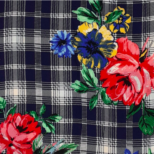 Plaid Floral Red/Blue/Navy Rayon Challis