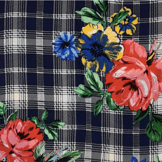 Plaid Floral Red/Blue/Navy Rayon Challis