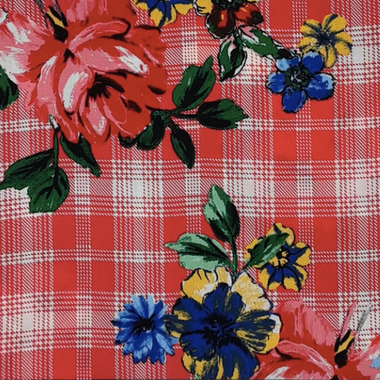 Plaid Floral Red/Blue/Green Rayon Challis