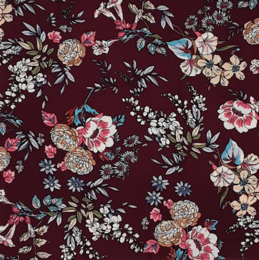 Multi Floral Burgundy/Grey/Rose Rayon Challis